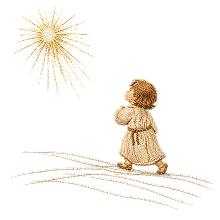 Child kneeling in prayer beneath a golden starburst